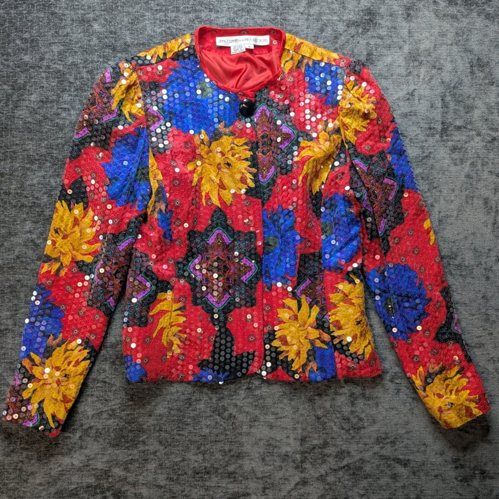 Anne Crimmins for Umi Collections Vintage Silk Sequin Floral Jacket Red Size 8